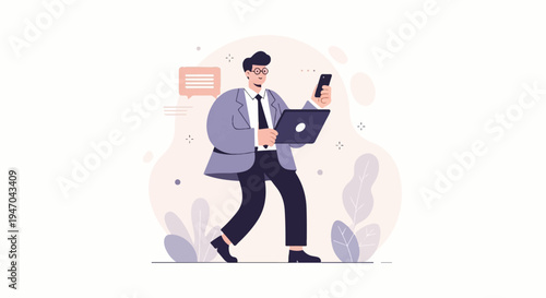 Man with laptop and phone, walking, abstract background