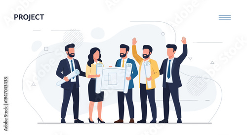 Diverse Business Team Holding Blueprints, Project Planning, Collaboration