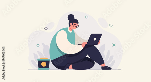 Minimalist illustration of person with bun and glasses using laptop, sitting