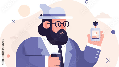 Bearded man in hat and glasses holds coffee and ID badge with a scenic photo