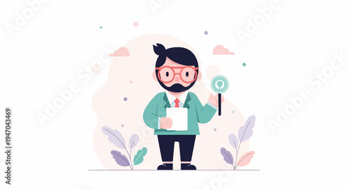 Cartoon man in glasses holding clipboard and magnifying glass