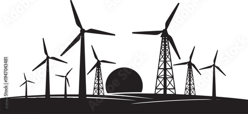 Vector illustration of wind turbines and power transmission towers