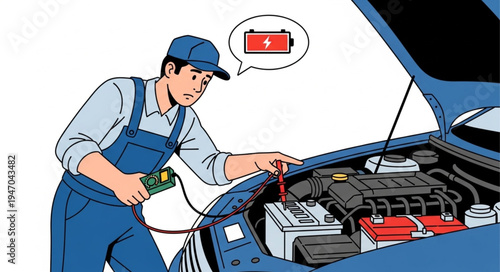 Mechanic checking car battery.