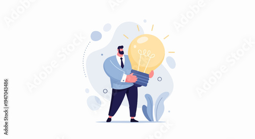 Businessman holding a glowing light bulb with abstract shapes