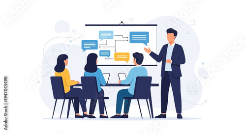 Business meeting with presentation, people learning and collaborating.