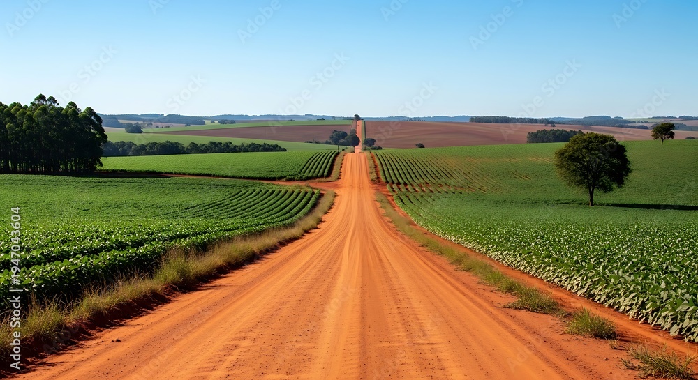 Obraz premium Dusty Red Dirt Road Stretching Through Green Farmland Under Clear Blue Sky