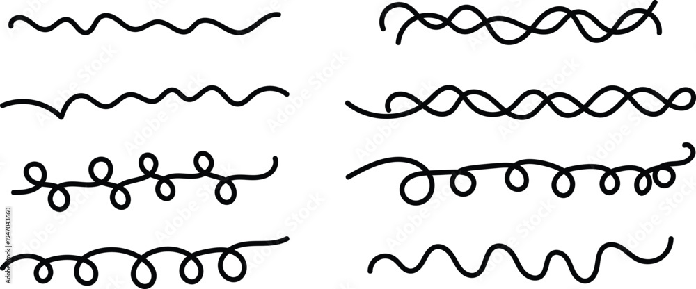 Fototapeta premium Hand drawn wavy divider line set. Curly decorative border vector collection