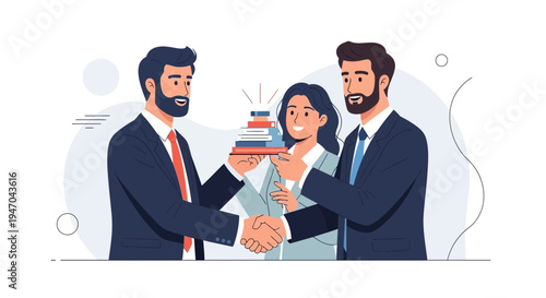 Business partners shaking hands, receiving books, teamwork, success, education