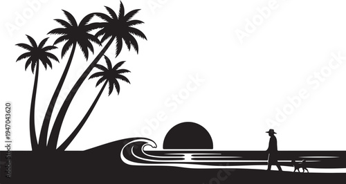 Black silhouette of person walking dog on beach with palm trees at sunset vector