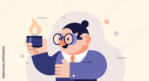 Cartoon man in glasses holds lit lighter