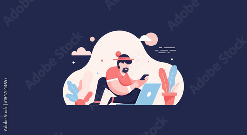 Person with beard and hat using phone and laptop in abstract landscape