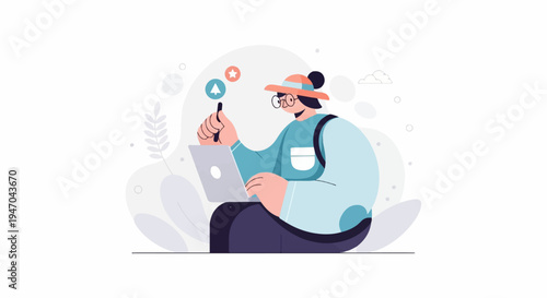 Person using laptop and phone with achievement icons