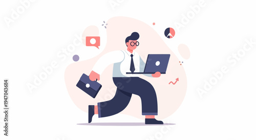 Busy businessman running with laptop and briefcase