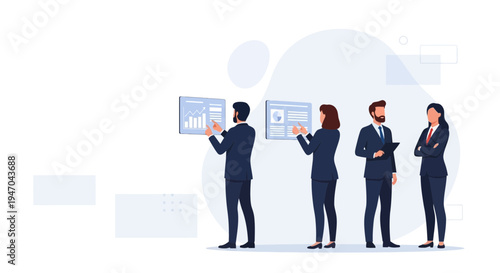 Business team analyzing data on digital screens, modern office, teamwork, strategy