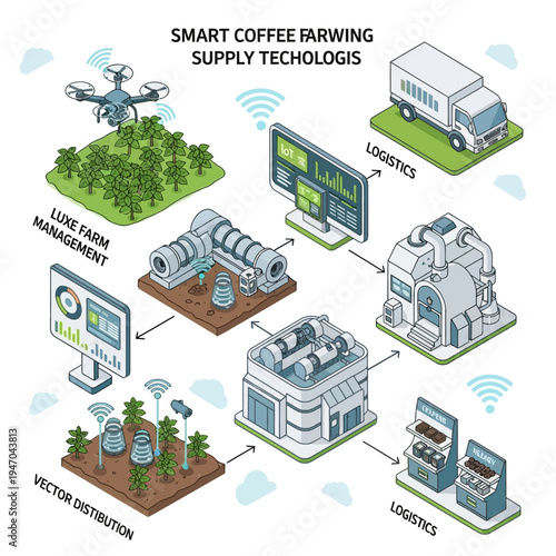 Isometric diagram illustrating smart coffee farming, processing, and supply chain technologies with drones, sensors, and logistics management.