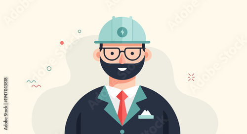 Bearded man in hard hat and suit, cartoon style, illustration