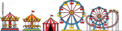 Amusement Park Rides Collection Vector Illustration With Ferris Wheel Roller Coaster Carousel Circus Tent Carnival Entertainment Festival Attraction Set