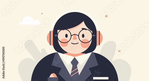 Cheerful cartoon person with glasses and headphones in a suit
