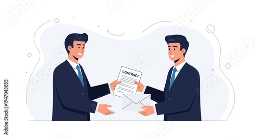 Businessmen exchanging contract and envelope, professional agreement and partnership concept