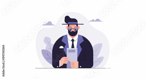 Business professional in formal attire reads a document, set against a stylized backdrop