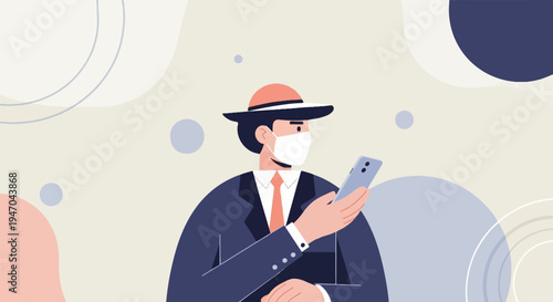 Masked man in suit and hat uses smartphone amid abstract shapes