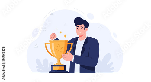 Man holding a golden trophy, celebrating victory and achievement, successful businessman concept