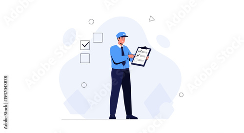 Security Guard Checks Checklist on Clipboard, Task Management Concept