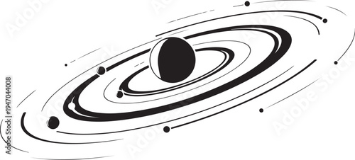 Vector illustration of a planet with rings and moons in black on white background