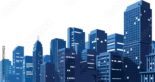 Modern blue city skyline with high rise skyscrapers and office buildings in flat vector style isolated on white background