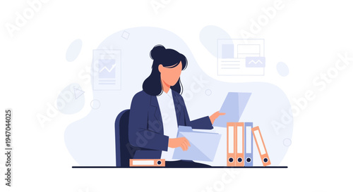 Businesswoman working with documents at desk with binders, modern office illustration