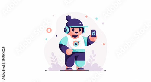 Cheerful character with headphones and phone, surrounded by abstract shapes