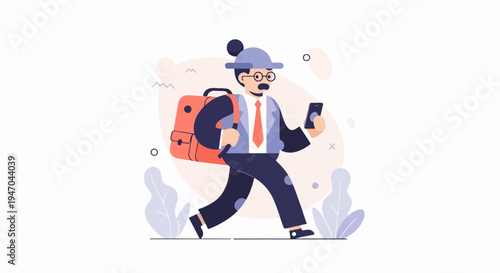 Business professional with backpack walks while checking phone