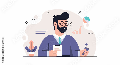 Business professional with clipboard and device, abstract shapes