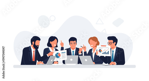 Business meeting with charts and laptops, diverse team collaborating in office