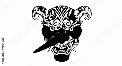 Black and white illustration of a fierce, horned mask with a long nose