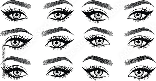 Set of Beautiful Woman Eye Illustrations with Long Eyelashes Groomed Eyebrows and Eyeliner Makeup for Beauty Salon and Cosmetic Branding