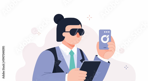 Person in suit with sunglasses holds phone and tablet