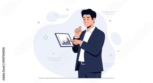 Businessman analyzing financial chart on tablet, modern office background