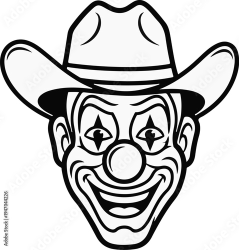 Black and white illustration of a grinning clown wearing a cowboy hat