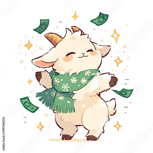 Cute goat dances with money in a festive scarf during a fun celebration in a cartoon style