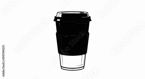Black disposable coffee cup with lid and sleeve, isolated on white