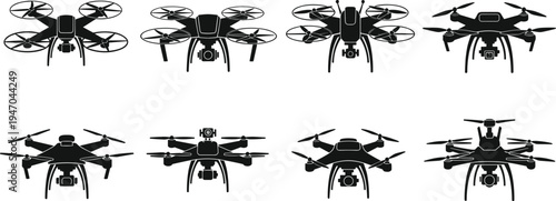 Set of modern quadcopter drone silhouettes isolated on white background, collection of professional camera drones for aerial photography concepts.