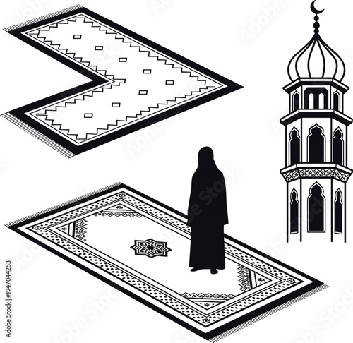 Islamic prayer mat and mosque minaret with Muslim woman silhouette, Ramadan and Eid religious worship concept, traditional sajjada carpet illustration isolated on white background
