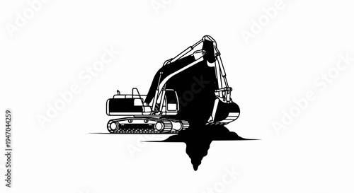 Black excavator silhouette digging a hole against a white background