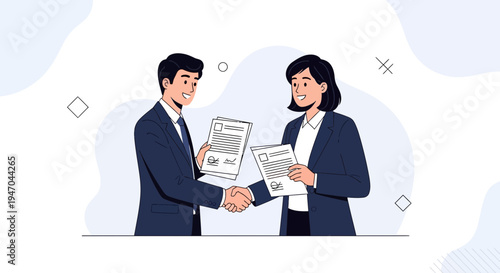 Business Partnership: Man and Woman Shaking Hands with Contracts