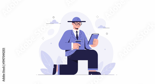 Man in suit and hat, holding tablet and coffee, kneeling