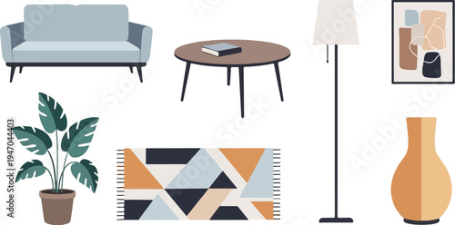 Modern living room elements sofa, table, plant, rug, lamp, art, vase