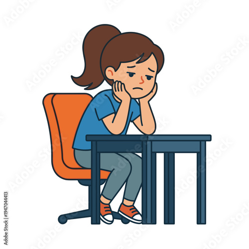 Bored schoolgirl leaning on desk looking tired and unmotivated during study time education fatigue concept