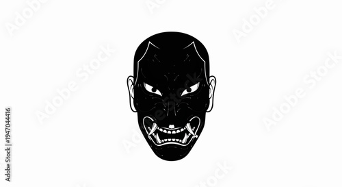 Black Japanese mask with fierce expression and sharp teeth