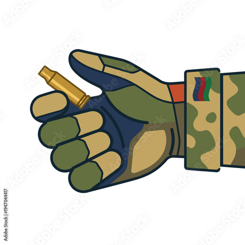 Military gloved hand holding empty bullet shell symbolizing warfare ammunition and battlefield aftermath concept